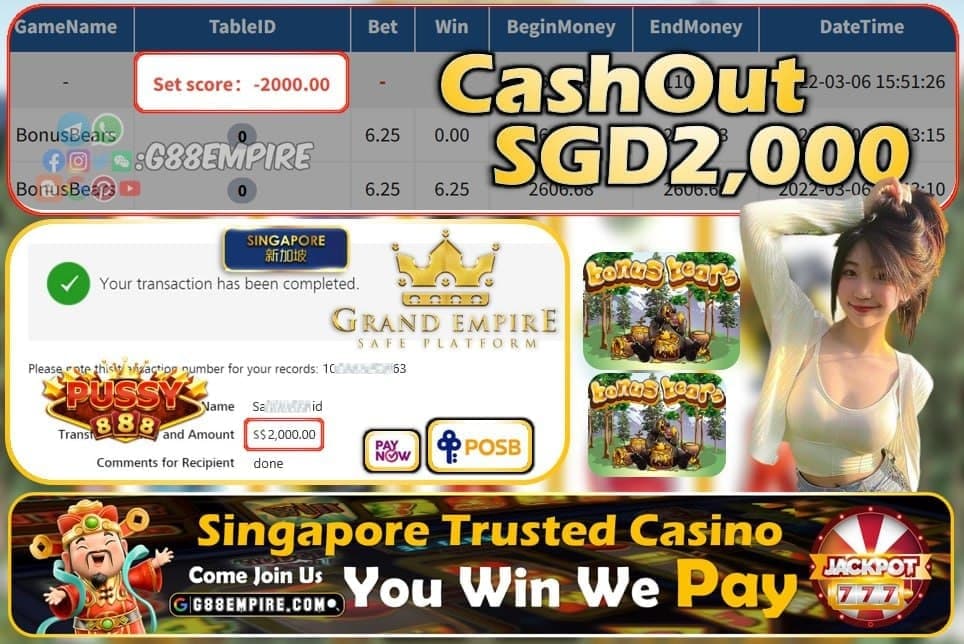 PUSSY888 - BONUS BEARS CASHOUT SGD2000 !!!