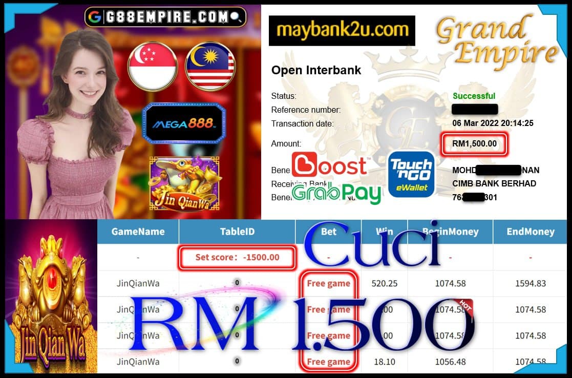 MEGA888 - JINQIANWA CUCI RM1,500 !!!