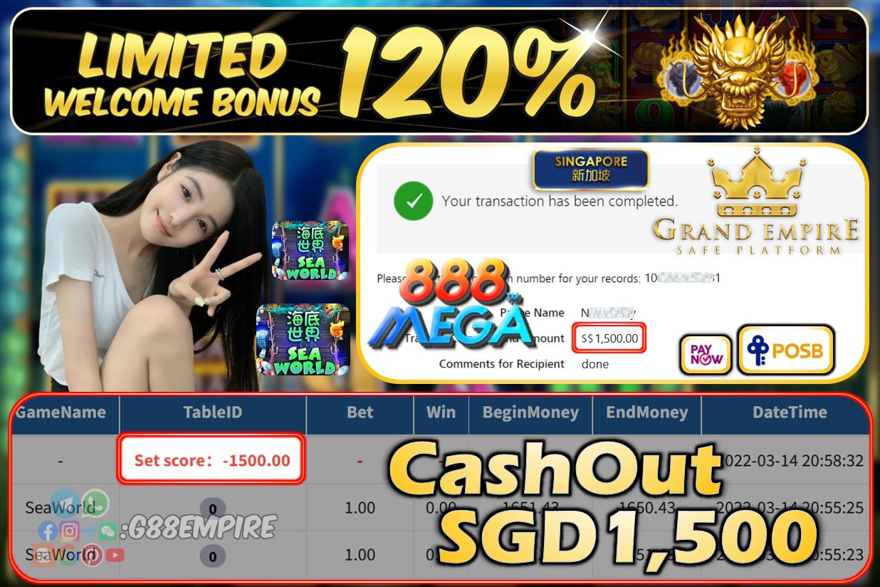 MEGA888 - SEAWORLD CASHOUT SGD1500 !!!