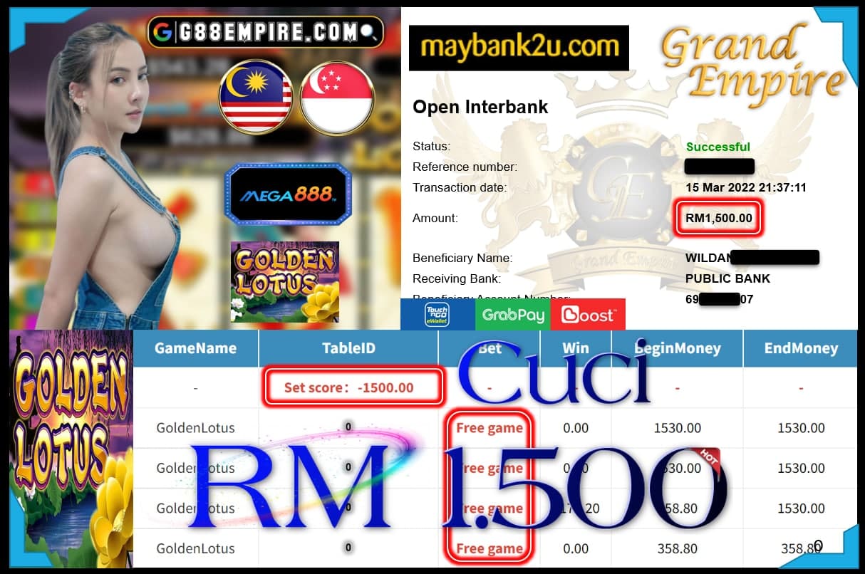 MEGA888 - GOLDENLOTUS CUCI RM1,500 !!!