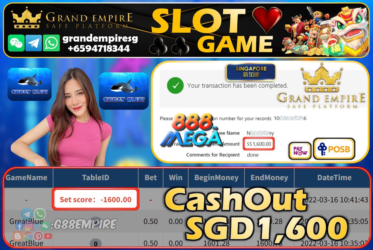 MEGA888 - GREATBLUE CASHOUT SGD1600 !!!