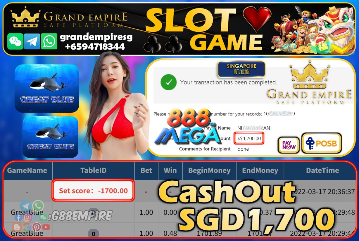 MEGA888 - GREAT BLUE CASHOUT SGD1700 !!!