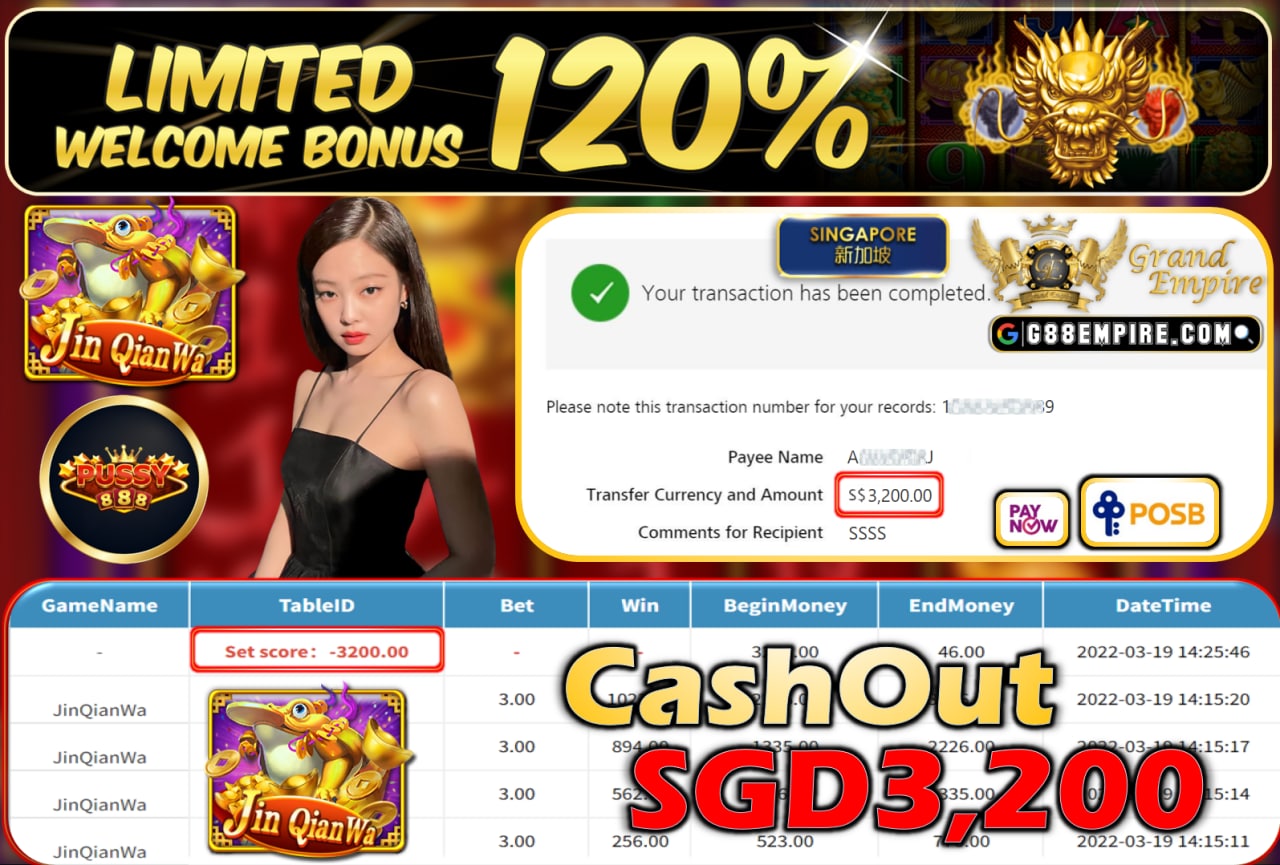 PUSSY888 - JINQIANWA CASHOUT SGD3,200 !!!