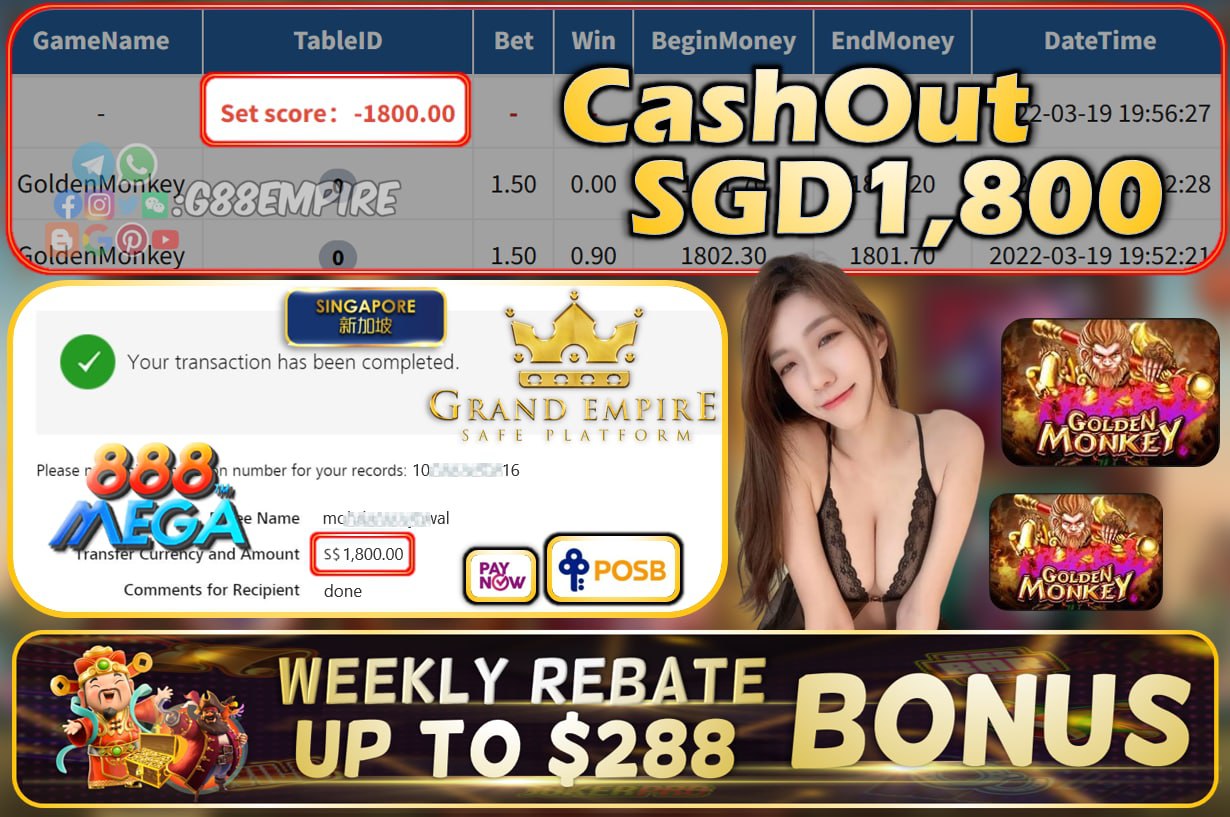 MEGA888 - GOLDEN MONKEY CASHOUT SGD1800 !!!