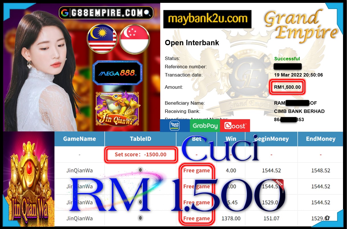 MEGA888 - JINQIANWA CUCI RM1,500 !!!