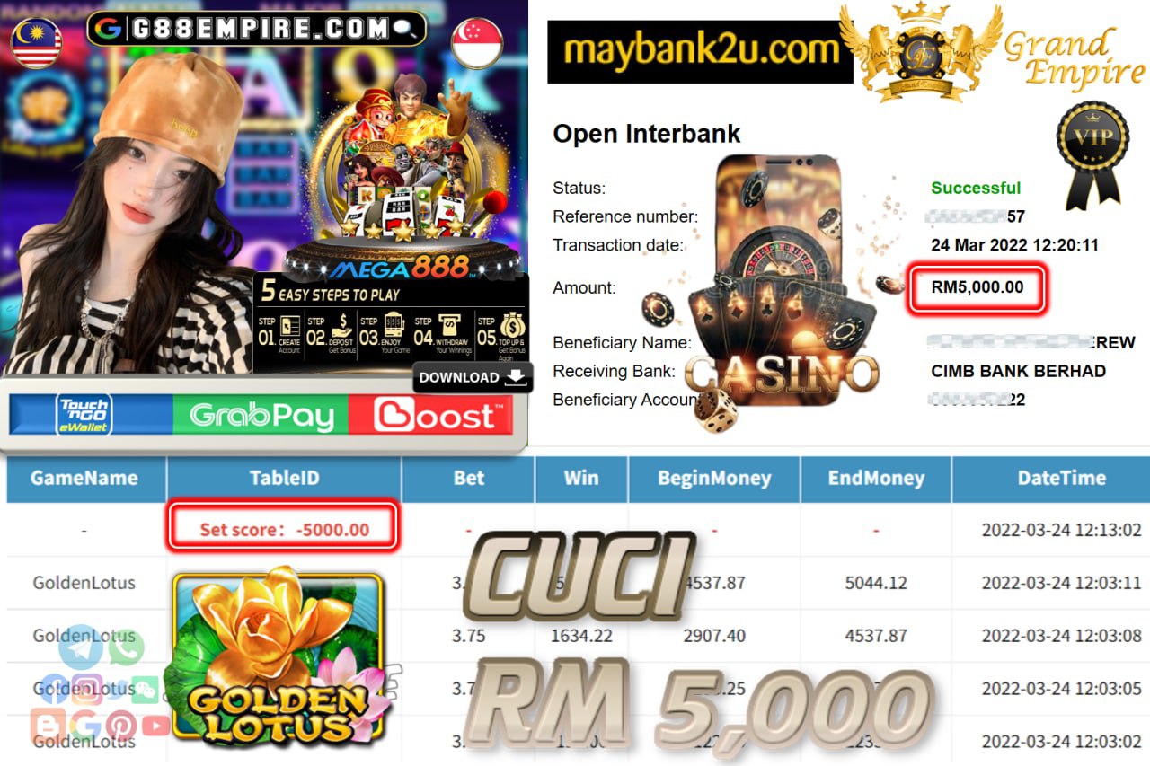 MEGA888 - GOLDENLOTUS CUCI RM5,000 !!!