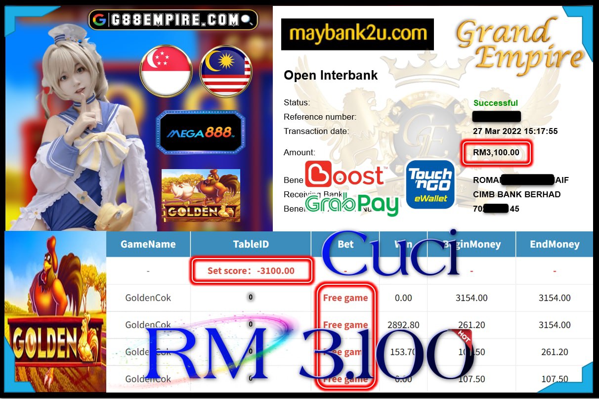 MEGA888 - GOLDENCOK CUCI RM3,100 !!!