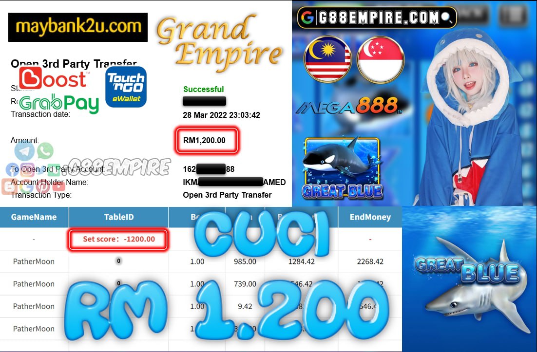 MEGA888 - GREATBLUE CASHOUT RM1.200 !!!