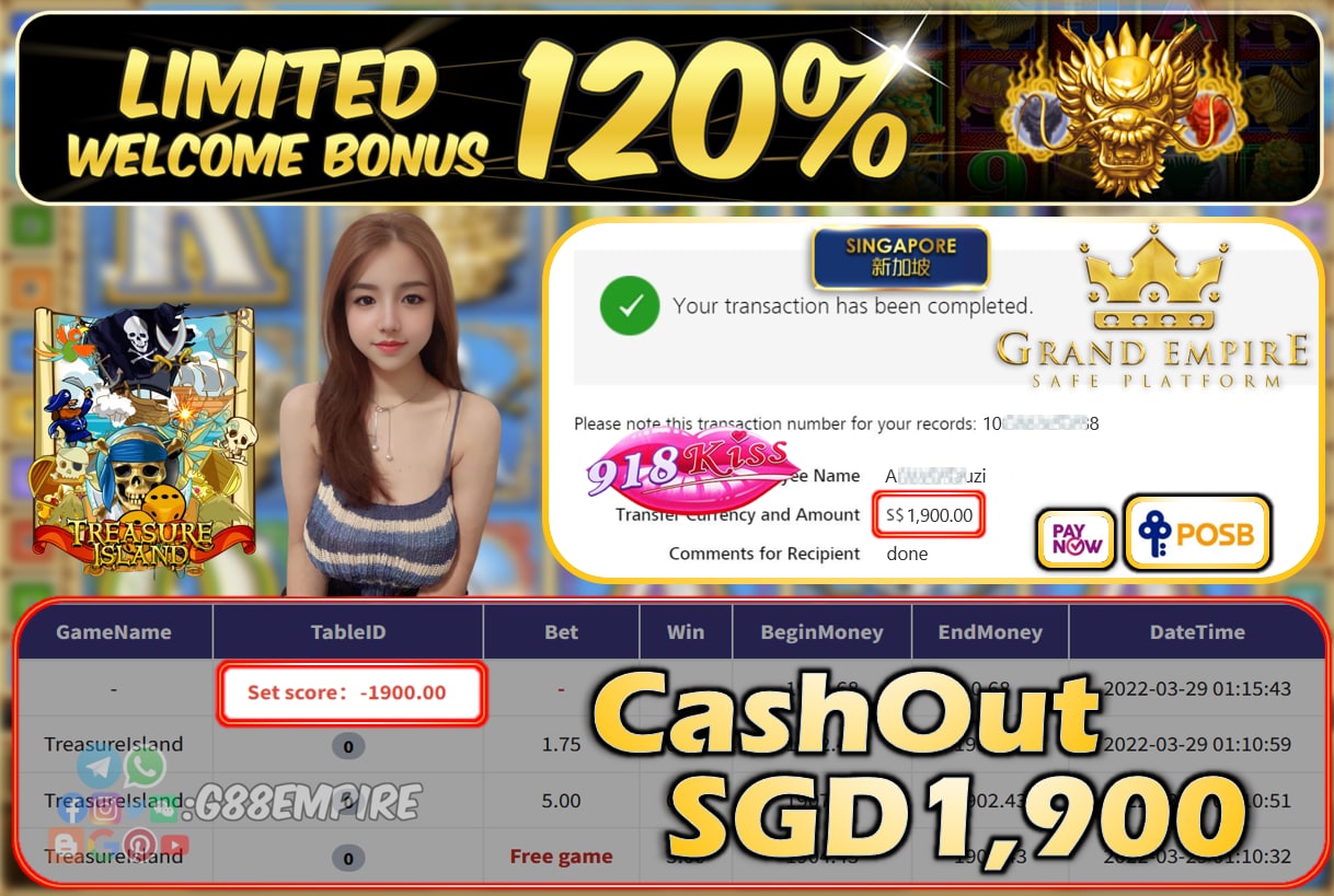 918KISS - TREASUREISLAND CASHOUT SGD1900 !!!