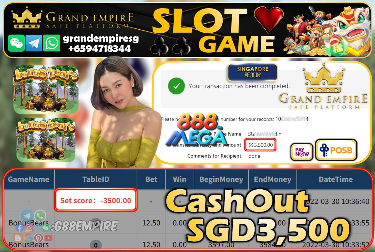 MEGA888 - BONUS BEARS CASHOUT SGD3500 !!!