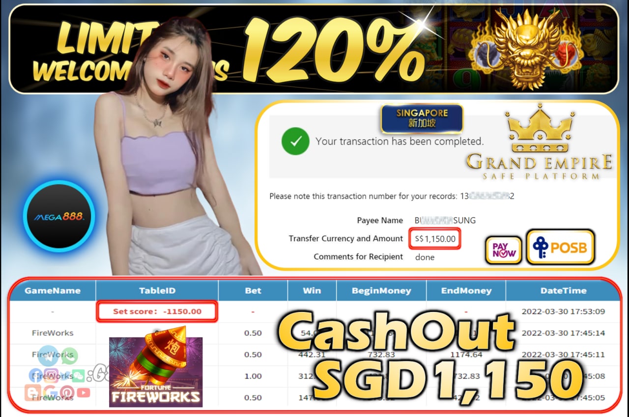 MEGA888 - FIREWORKS CASHOUT SGD1,150 !!!