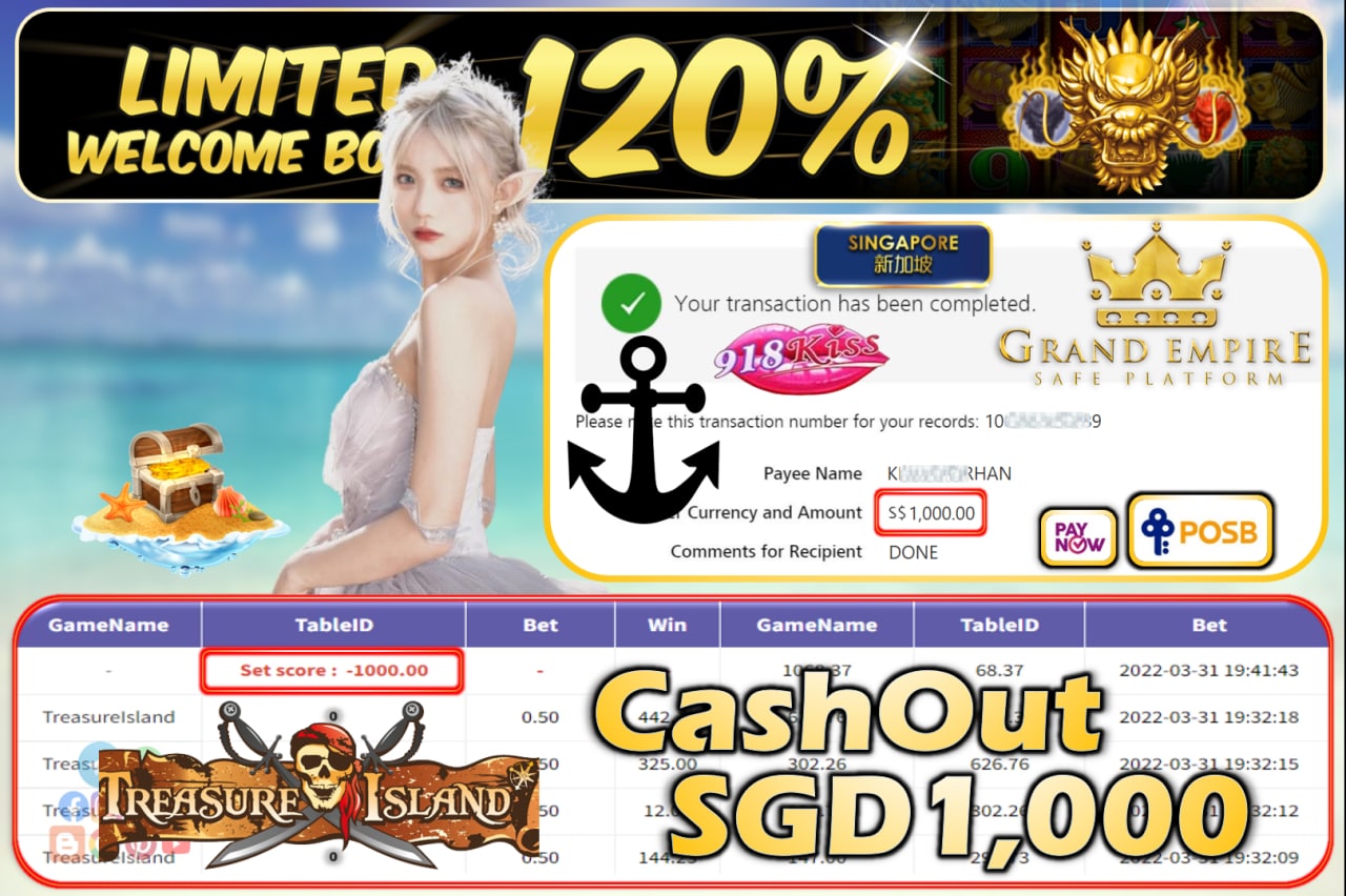 918KISS - TREASUREISLAND CASHOUT SGD1000!!!