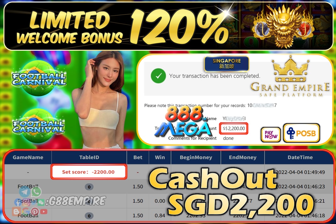 MEGA888 - FOOTBALL CASHOUT SGD2200 !!!