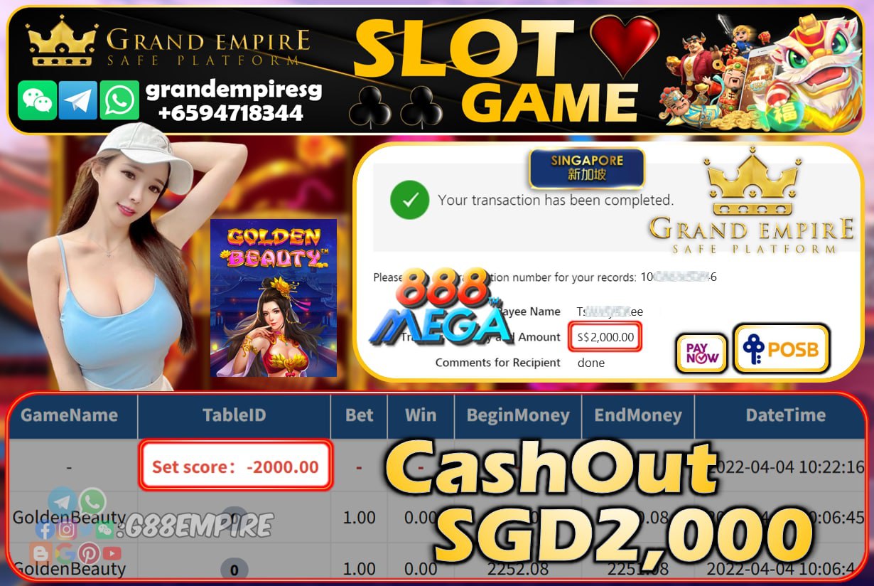 MEGA888 - GOLDEN BEAUTY CASHOUT SGD2000 !!!