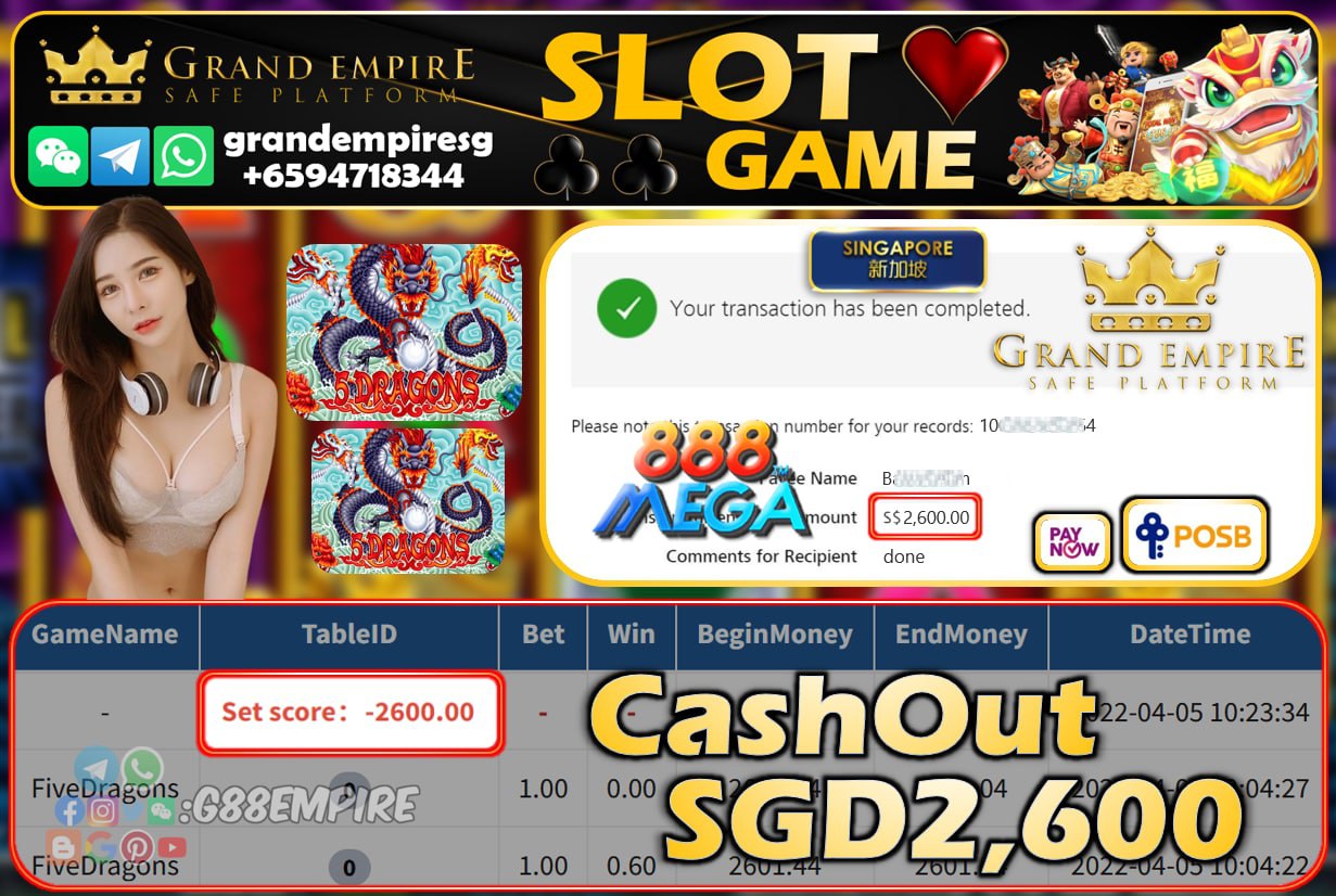 MEGA888 - FIVEDRAGONS CASHOUT SGD2600 !!!