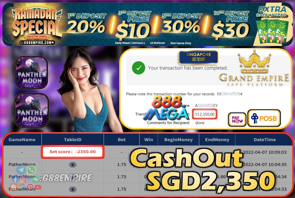 MEGA888 - PANTHERMOON CASHOUT SGD2350 !!!