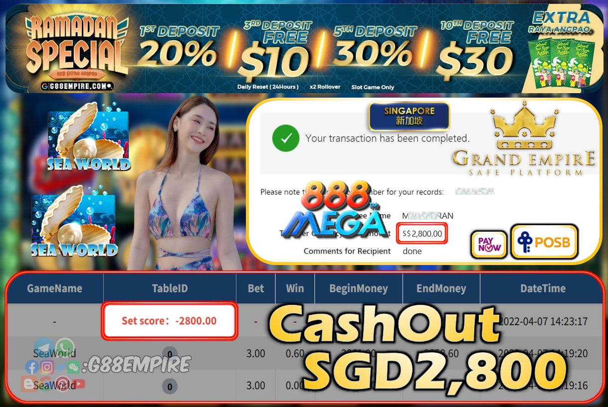 MEGA888 - SEAWORLD CASHOUT SGD2800 !!!