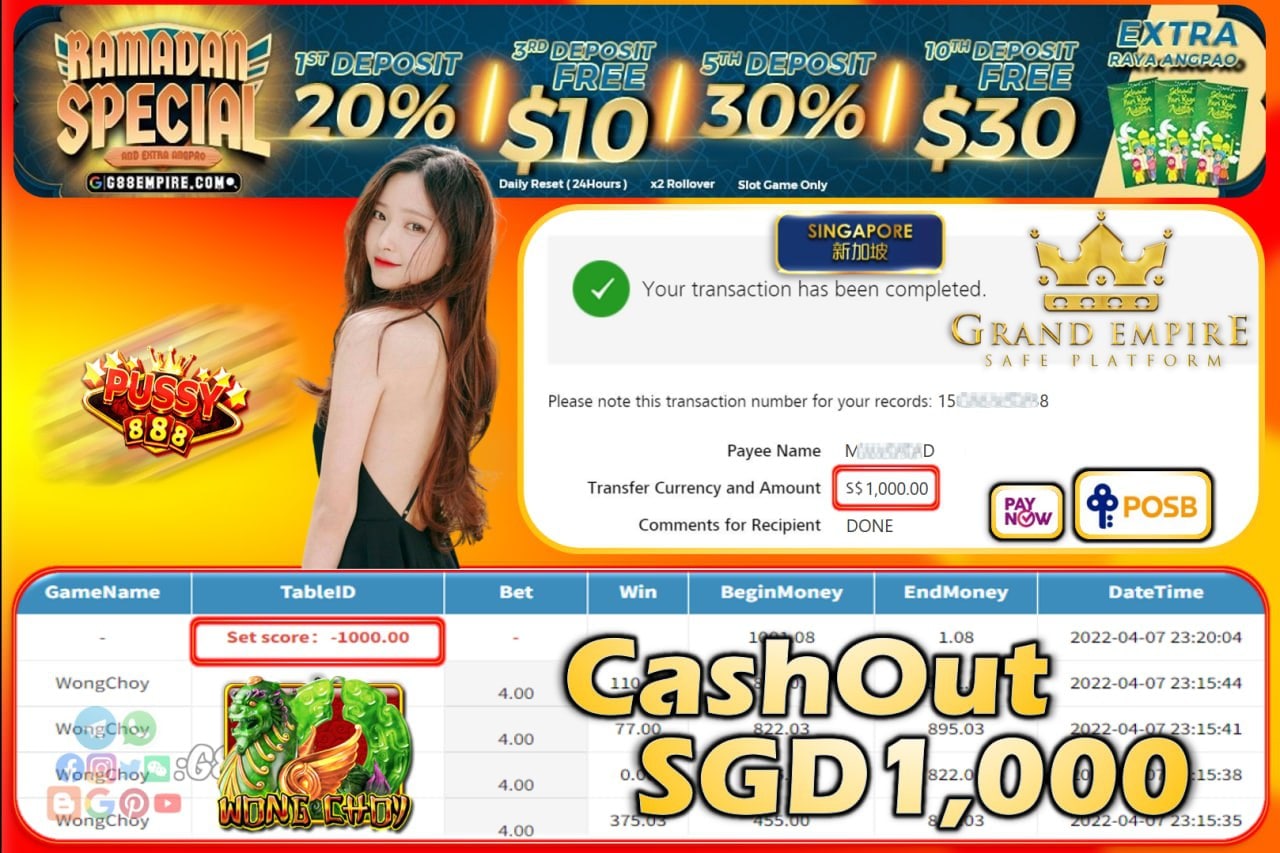 PUSSY888 - WONGCHOY CASHOUT SGD1000!!!