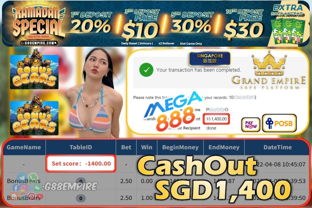 MEGA888 - BONUSBEARS CASHOUT SGD1400 !!!