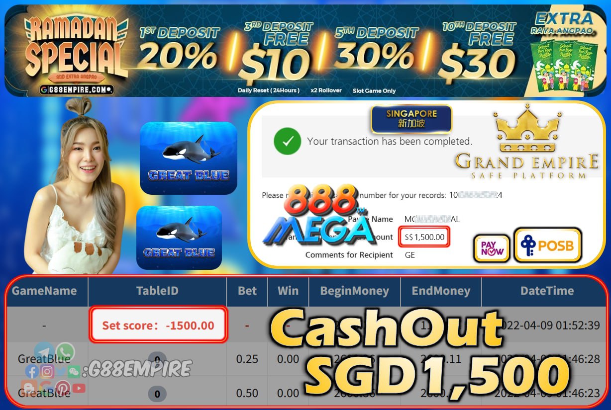 MEGA888 - GREAT BLUE CASHOUT SGD1500 !!!