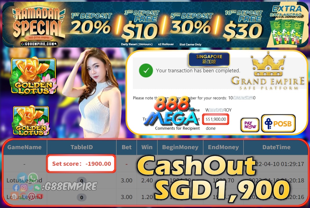 MEGA888 - LOTUSLEGEND CASHOUT SGD1900 !!!