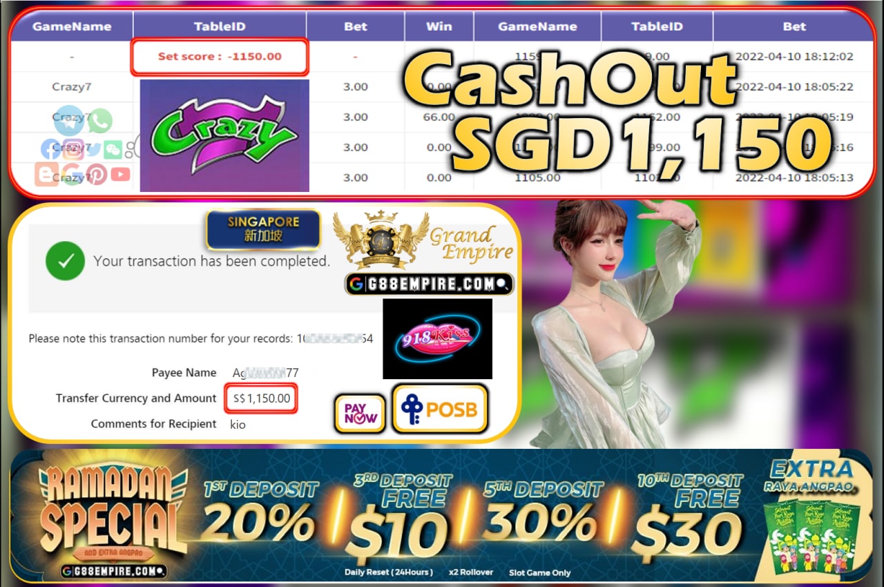 918KISS - CRAZY7 CASHOUT SGD1150!!!