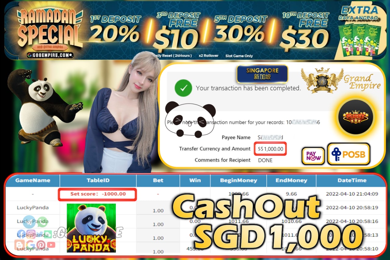 PUSSY888 - LUCKYPANDA CASHOUT SGD1000!!!