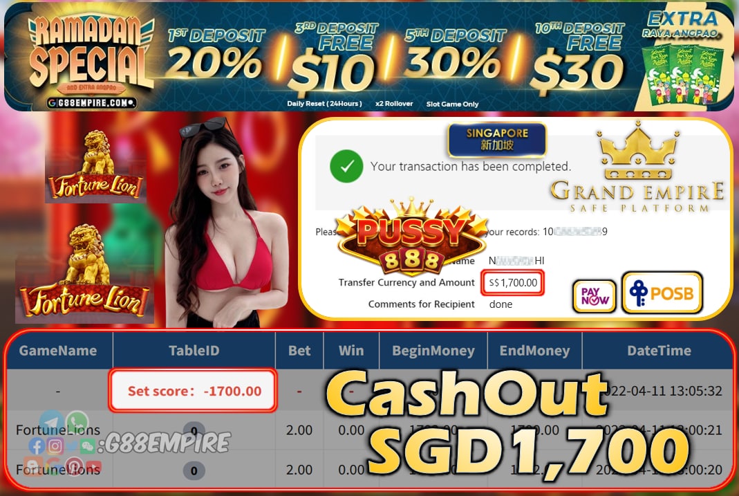 PUSSY888 - FORTUNELIONS CASHOUT SGD1700 !!!