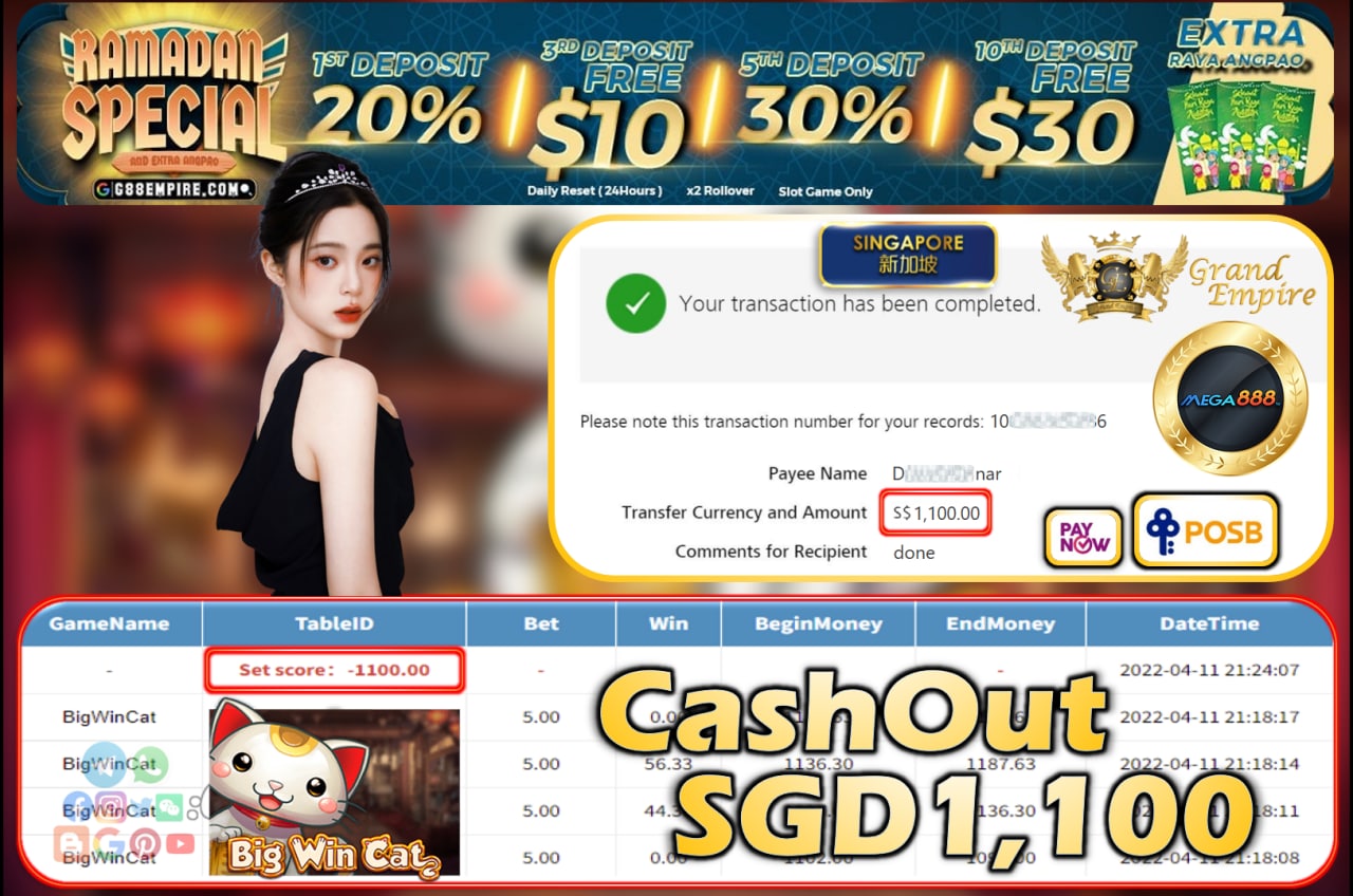 MEGA888 - BIGWINCAT CASHOUT SGD1100!!!