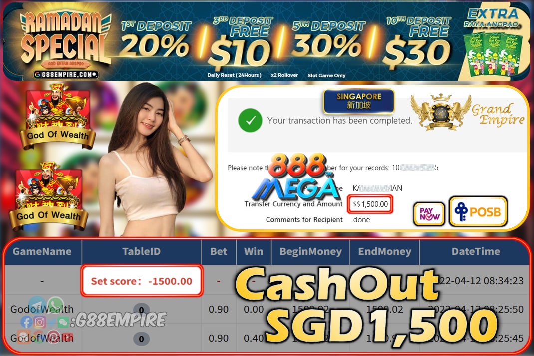 MEGA888 - GODOFWEALTH CASHOUT SGD1500 !!!