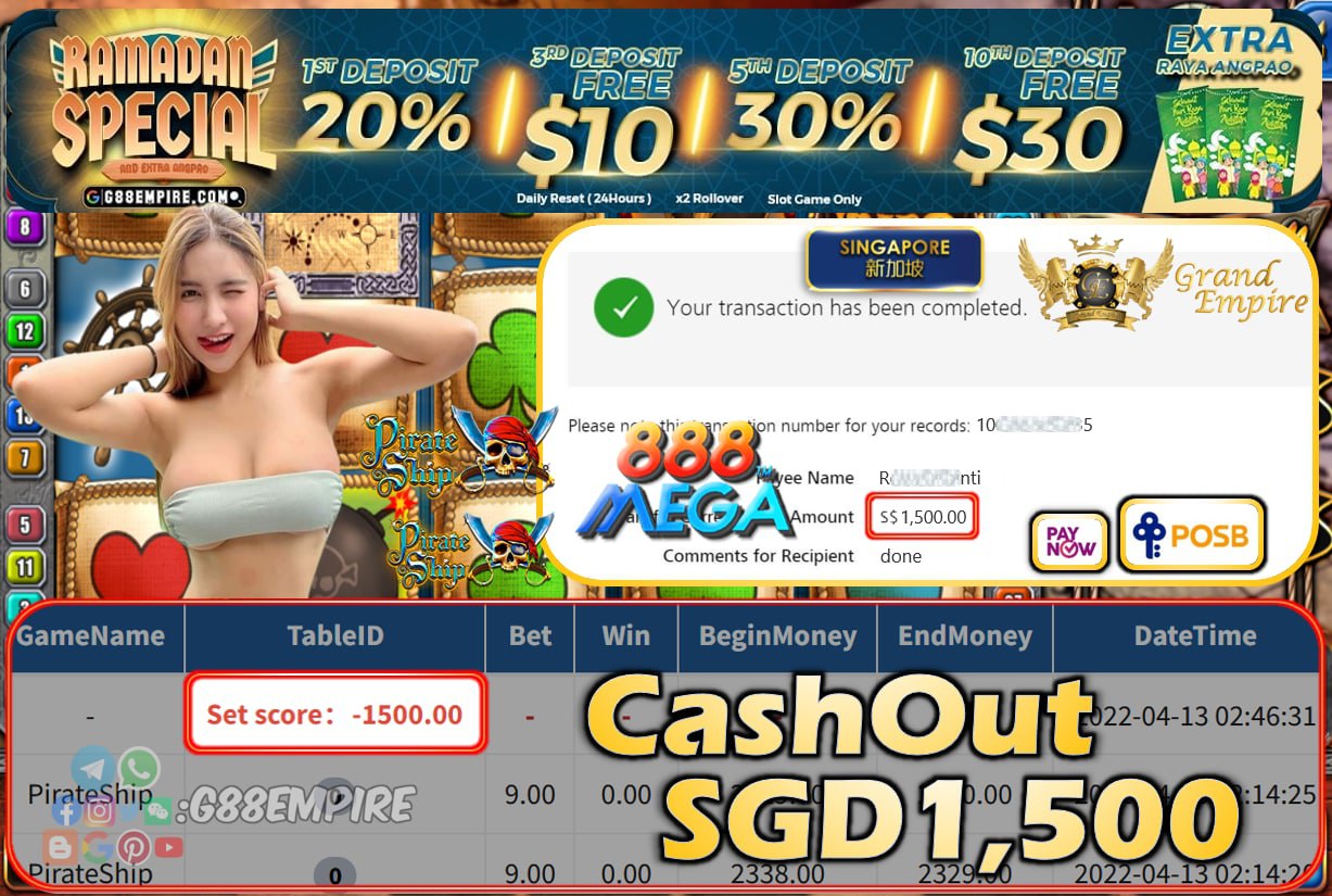 MEGA888 - PIRATESHIP CASHOUT SGD1500 !!!