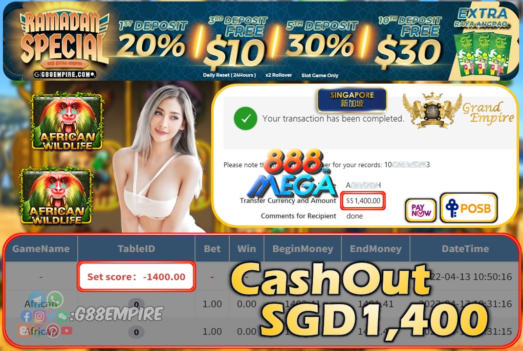 MEGA888 - AFRICAN CASHOUT SGD1400 !!!