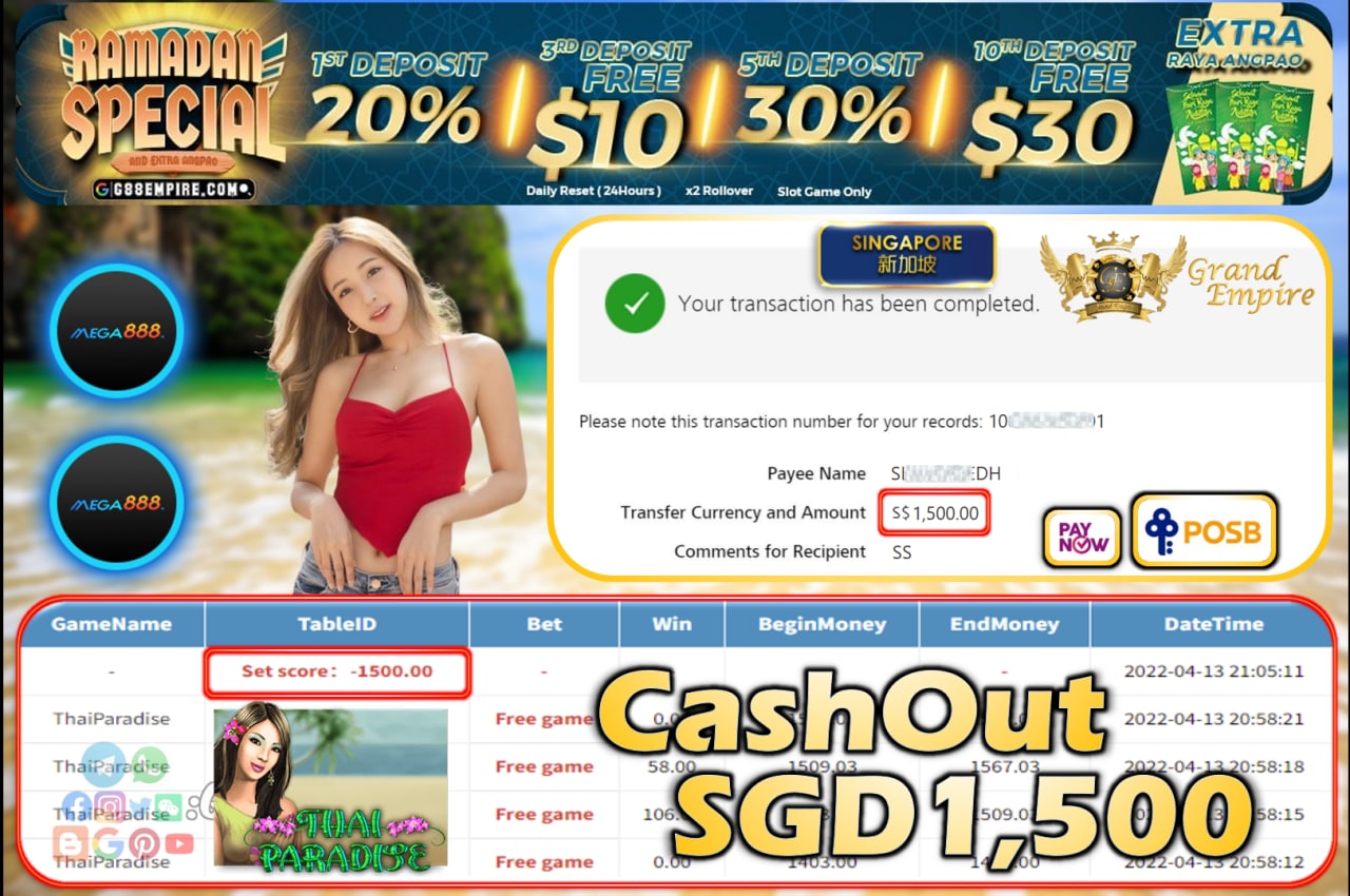 MEGA888 - THAIPARADISE CASHOUT SGD1500!!!