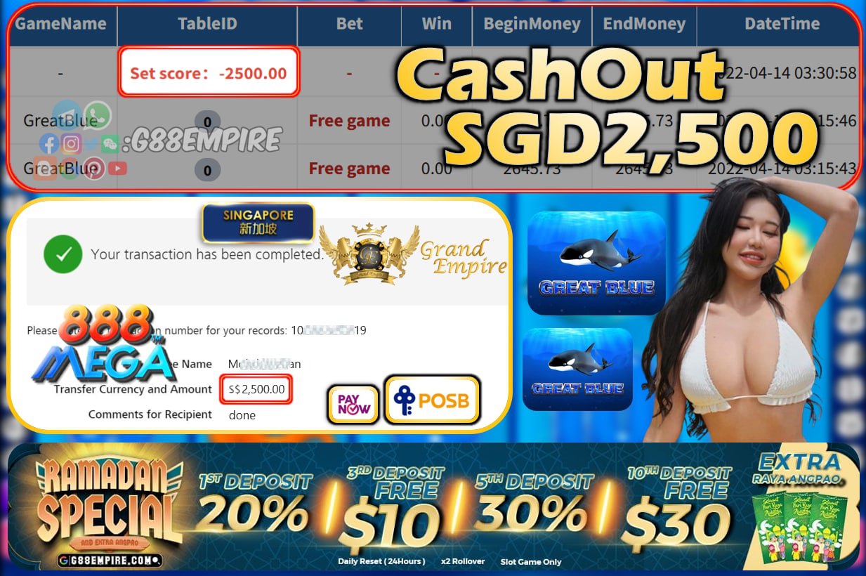 MEGA888 - GREATBLUE CASHOUT SGD2500 !!!