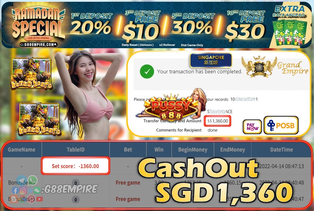 PUSSY888 - BONUSBEARS CASHOUT SGD1360 !!!