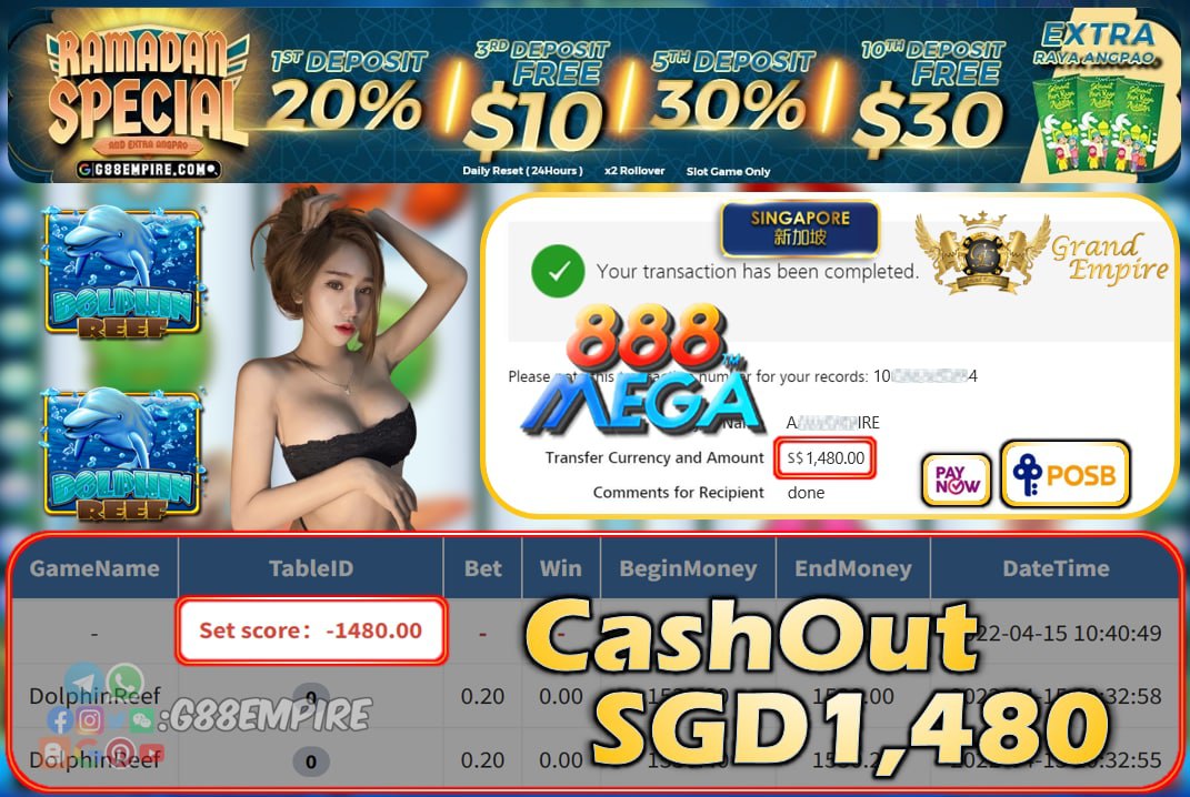 MEGA888 - DOLPHINREEF CASHOUT SGD1480 !!!