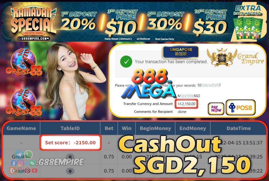 MEGA888 - GREAT88 CASHOUT SGD2150 !!!