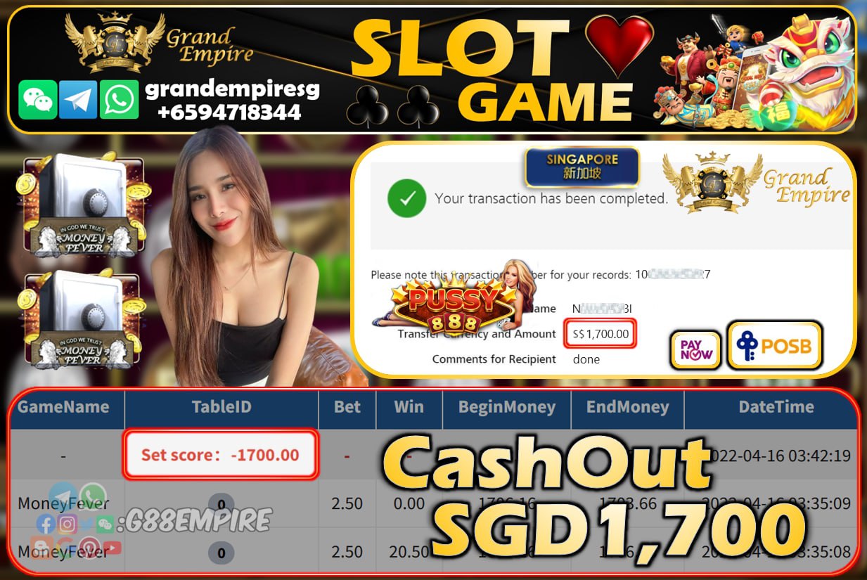 PUSSY888 - MONEYFEVER CASHOUT SGD1700 !!!