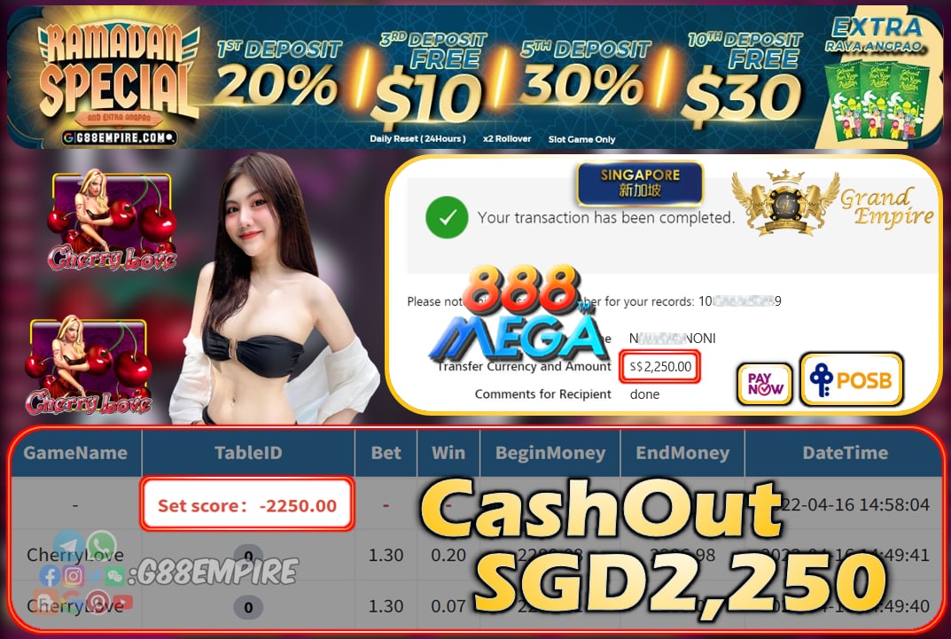 MEGA888 - CHERRYLOVE CASHOUT SGD2250 !!!