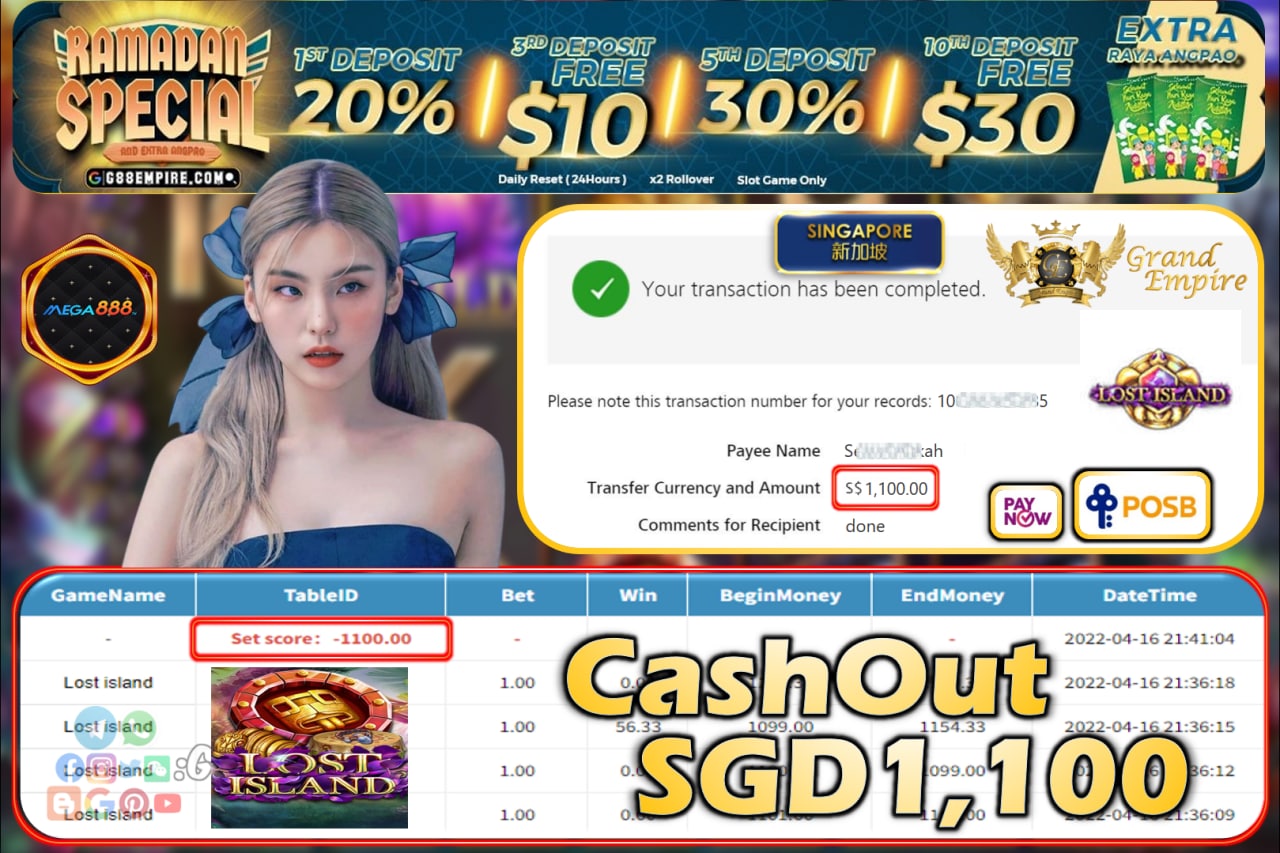 MEGA888 - LOSTISLAND CASHOUT SGD1100!!!