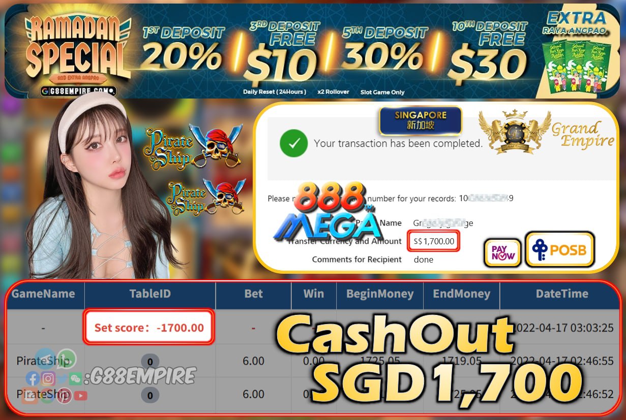 MEGA888 - PIRATESHIP CASHOUT SGD1700 !!!