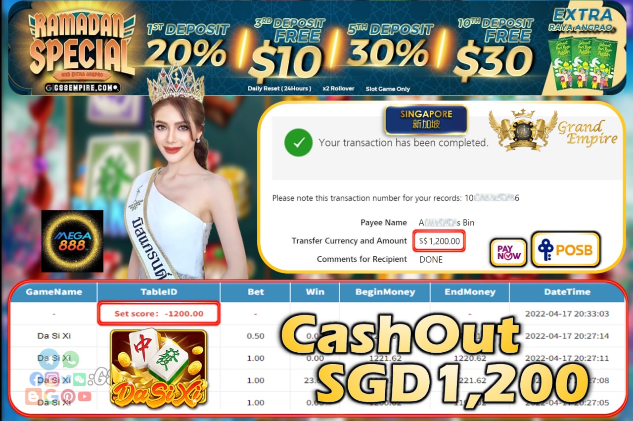 MEGA888 - DASIXI CASHOUT SGD1200!!!