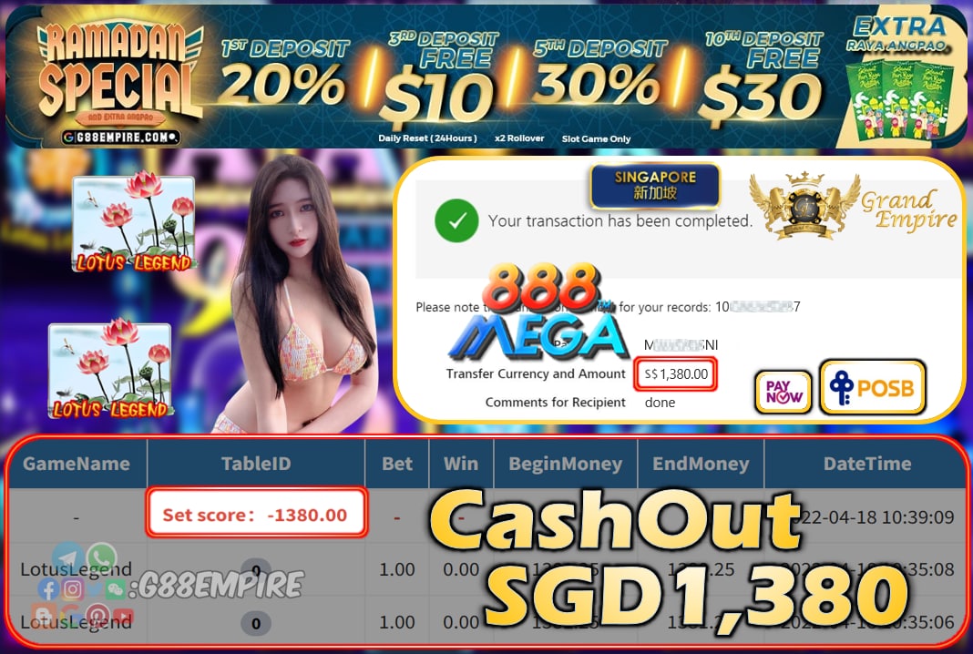 MEGA888 - LOTUSLEGEND CASHOUT SGD1380 !!!