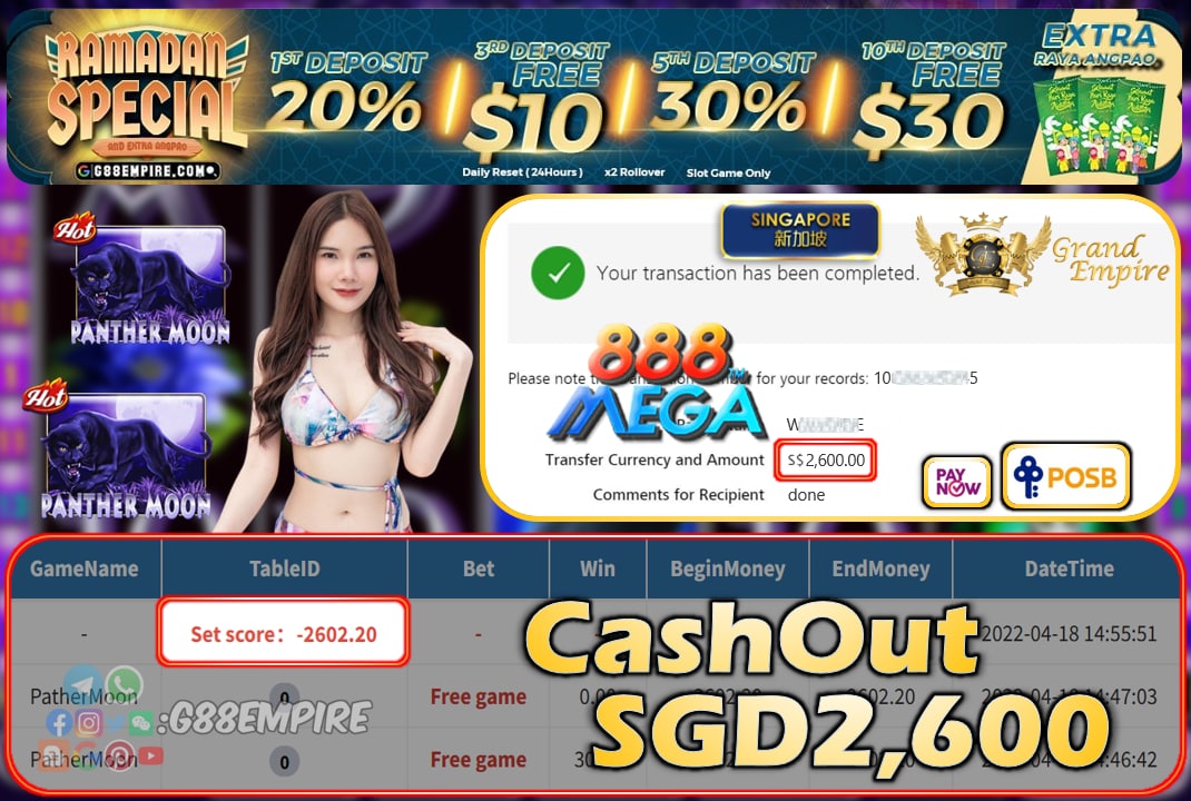 MEGA888 - PANTHERMOON CASHOUT SGD2600 !!!