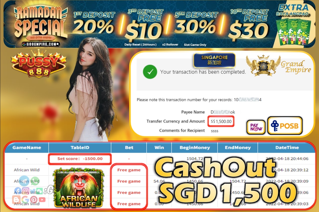 PUSSY888 - AFRICANWILD CASHOUT SGD1500!!!