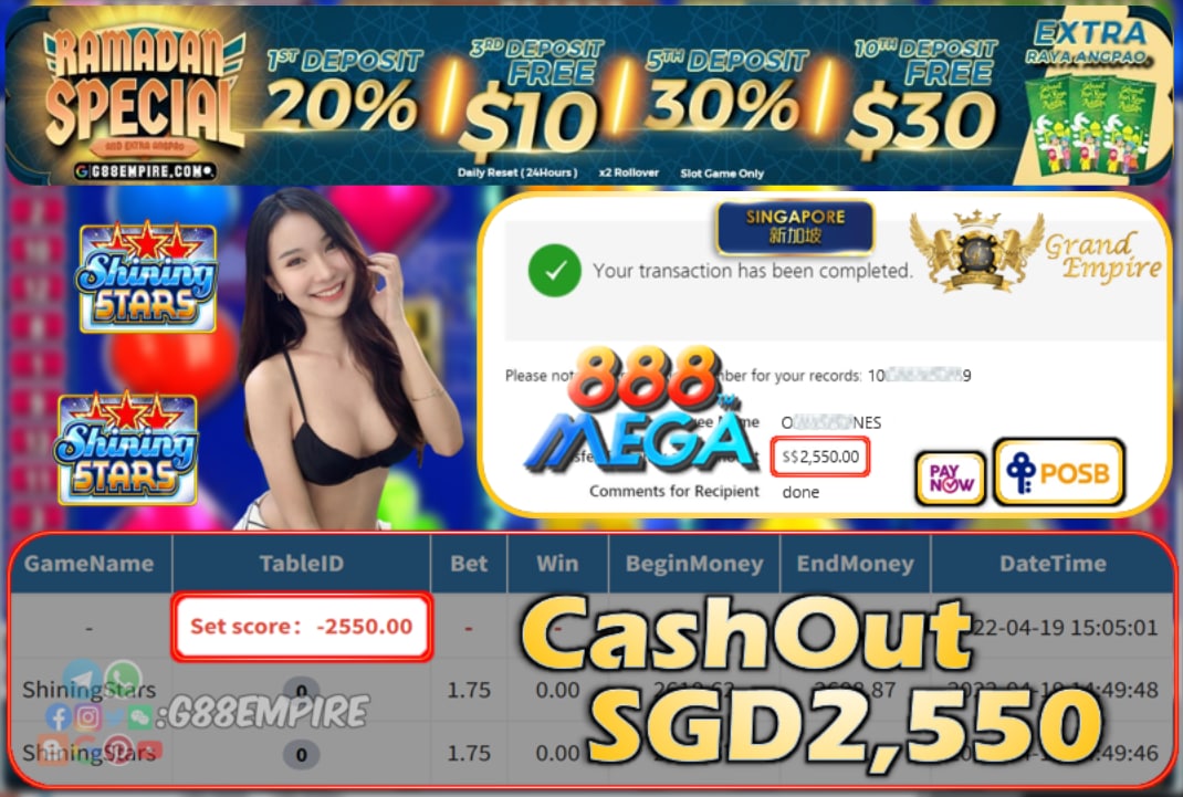 MEGA888 - SHININGSTARS CASHOUT SGD2550 !!!