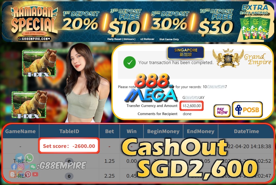 MEGA888 - T-REX CASHOUT SGD2600 !!!