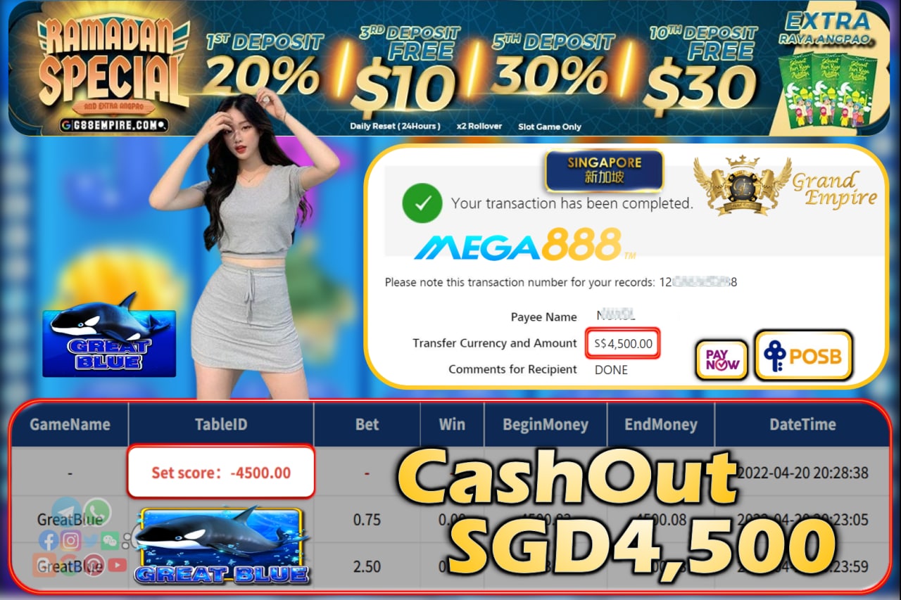 MEGA888 - GREATBLUE CASHOUT SGD4500!!!