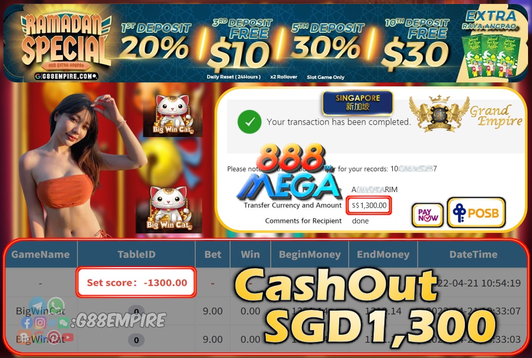 MEGA888 - BIGWINCAT CASHOUT SGD1300!!!