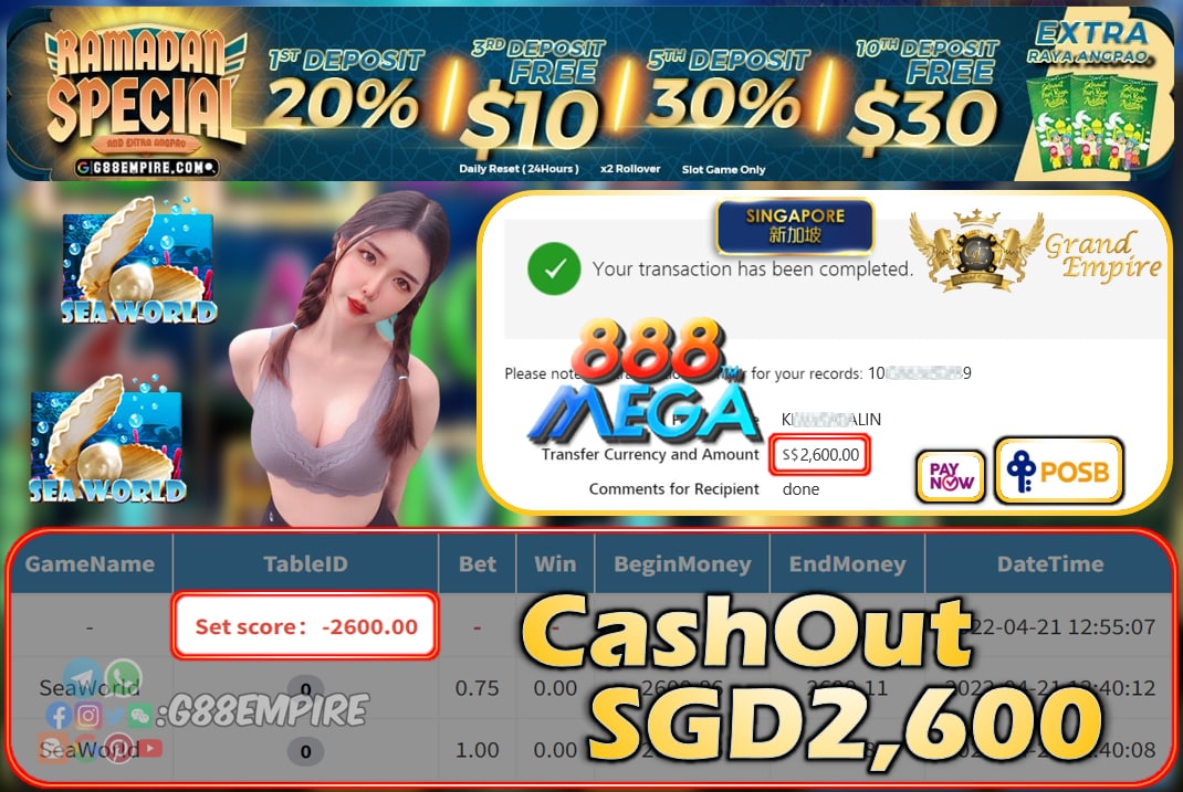 MEGA888 - SEAWORLD CASHOUT SGD2600!!!